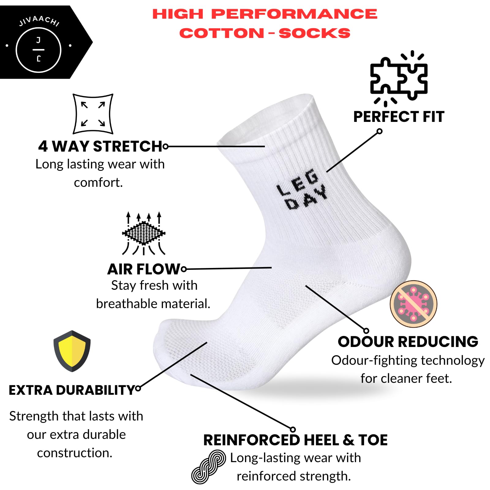 JIVAACHI Workout Crew Socks, Cotton, Mesh Top, Cushioned Sole, Pack of 5 Pairs, White, Free Size