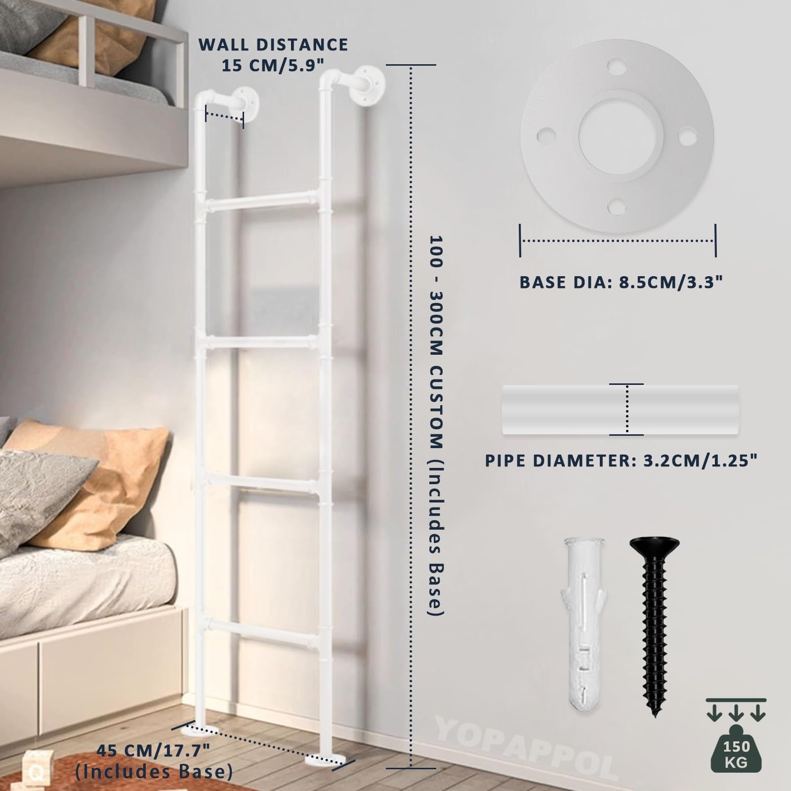 Escalera de Metal para literas de tamaño Doble sobre tamaño Completo, Escalera Tipo Loft para ático montada en la Pared, para ático, Dormitorio, Biblioteca, litera, terraza, RV(150cm/59in)