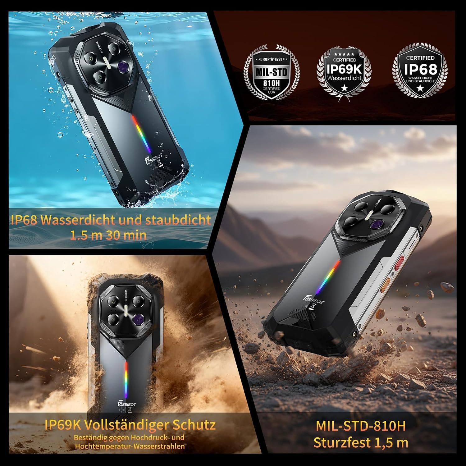 FOSSiBOT F113 5G 36 GB + 256 GB, 20000 mAh (33 W), telefono cellulare per esterni senza contratto, fotocamera da 64 MP, visione notturna da 64 MP, schermo 120 Hz 6,78", smartphone per esterni, Android