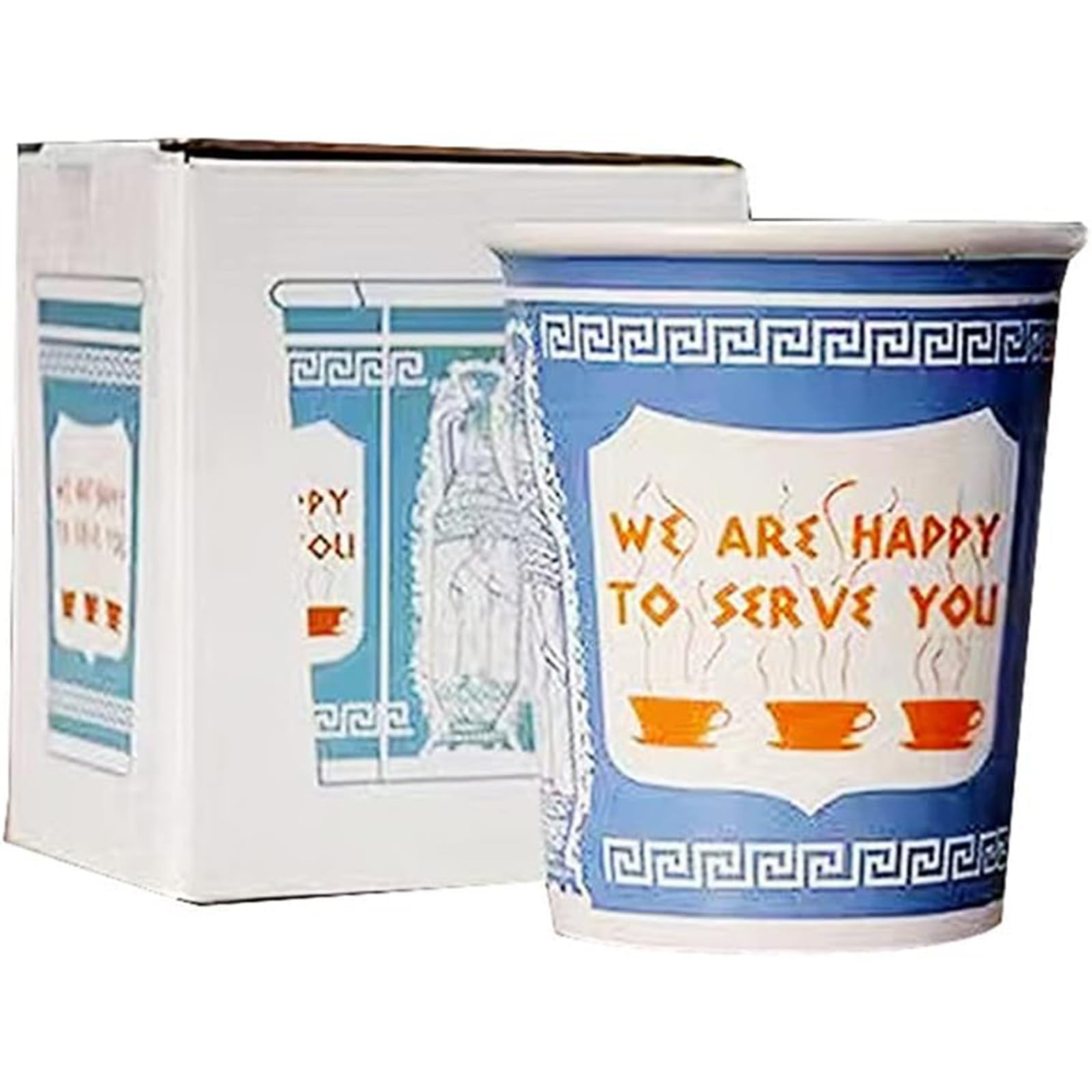 Ceramic Cup We are Happy to Serve You Coffee Mug for Kitchen Restaurant Office Retro New York Style Dishwasher Safe Blue and White (Large(10 Ounces))