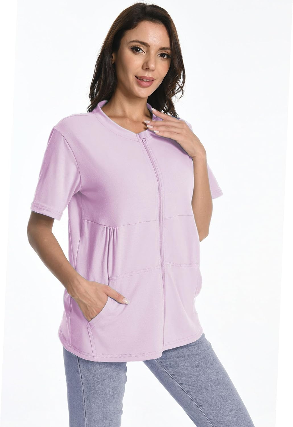 Post Mastectomy Zip Shirts with Drain Pockets Surgery Recovery Must Haves Clothing Comfy Short Sleeve Shirts - Image 5