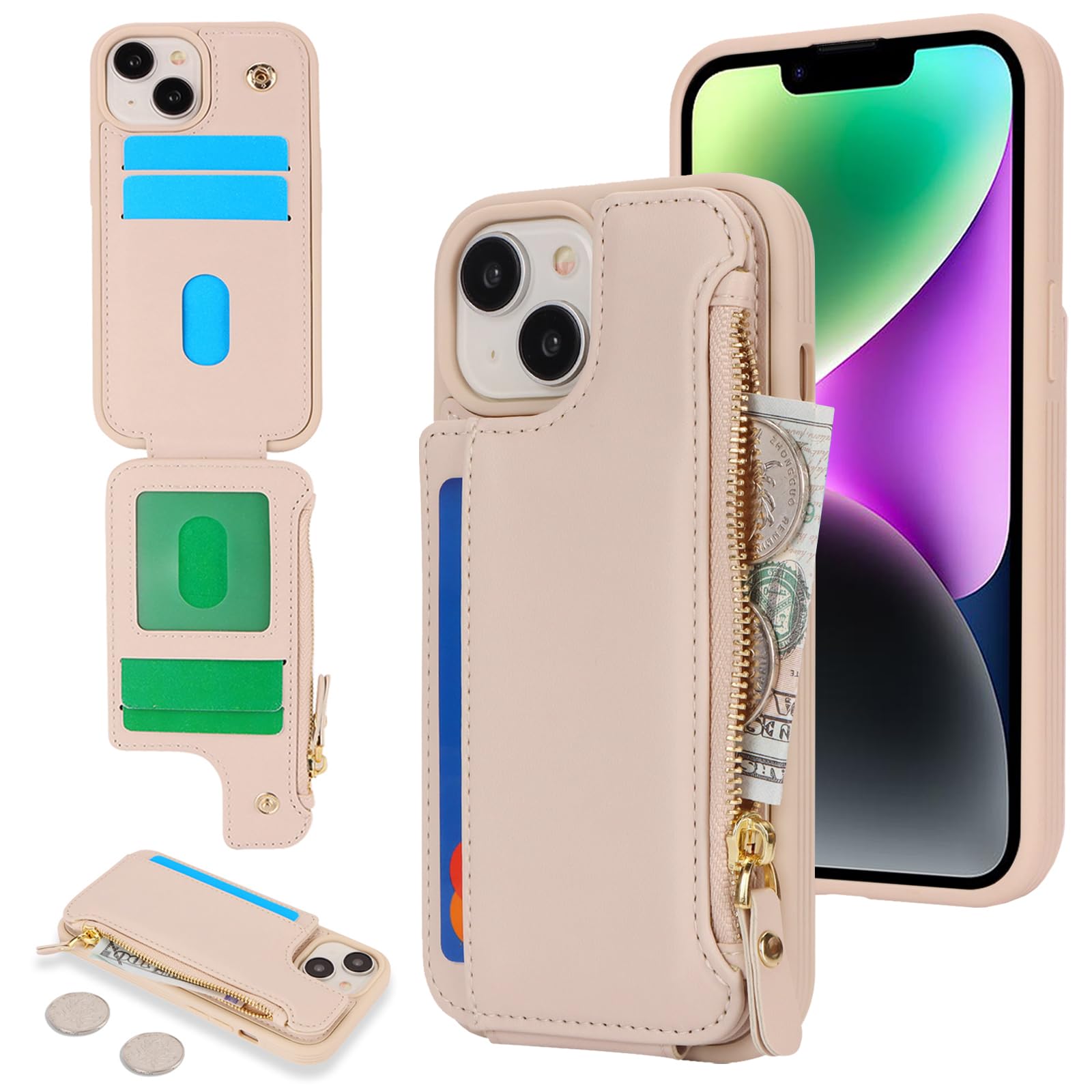 Cavor for iPhone 13 Case with Card Holder,for iPhone 14 Wallet Case for Women Men,Leather Magnetic Clasp Zipper Pocket Protective Phone Cover-Cream