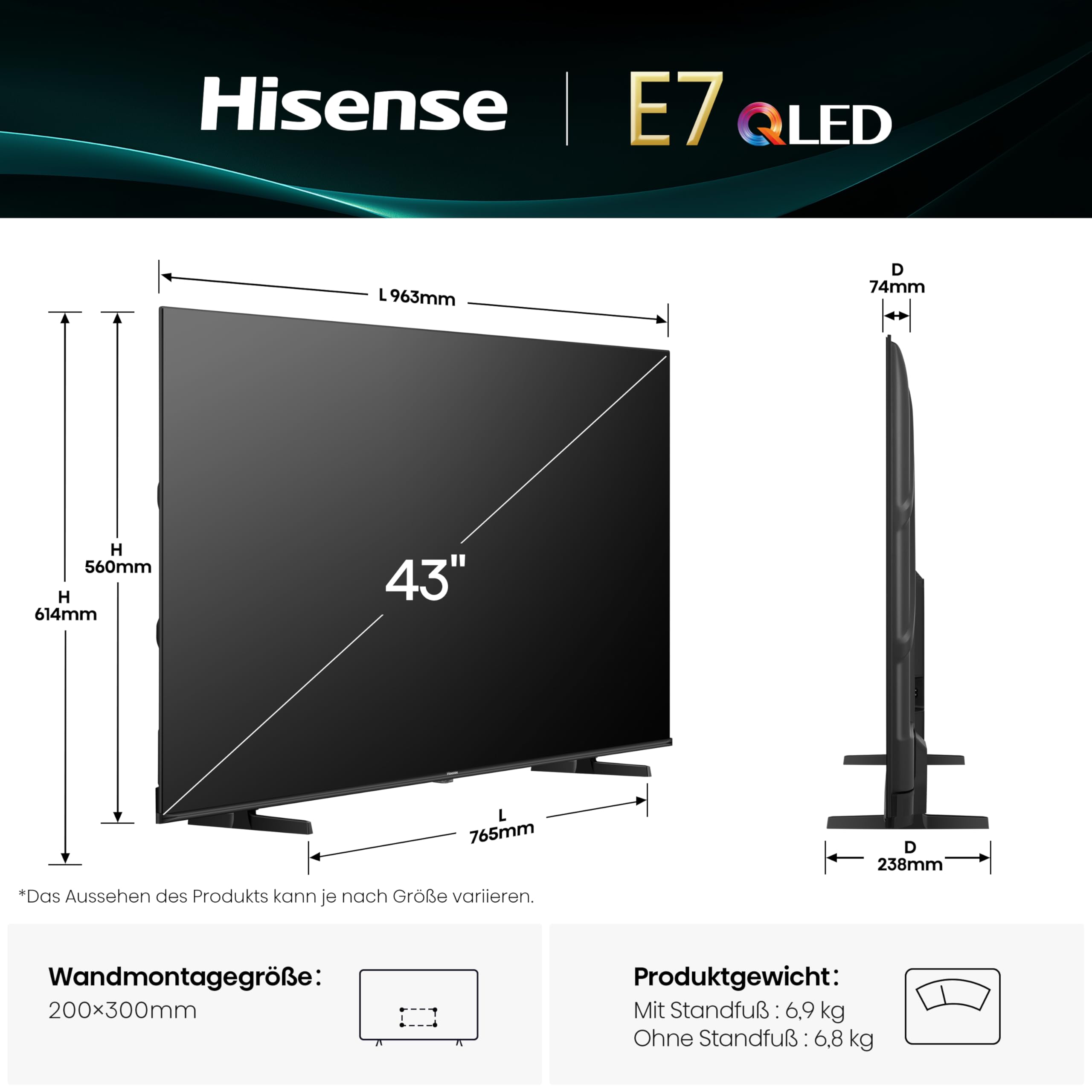 Hisense 43E7Q Fehrnseher, 43 Zoll, 4K UHD QLED, Smart TV, Game Mode Plus, Filmaker Mode, Dolby Vision Atmos, HDR10, HLG, HDR Immersive, AI 4K Upscaler, Dolby MS12, DTS X, Sprachsteuerung [2025]