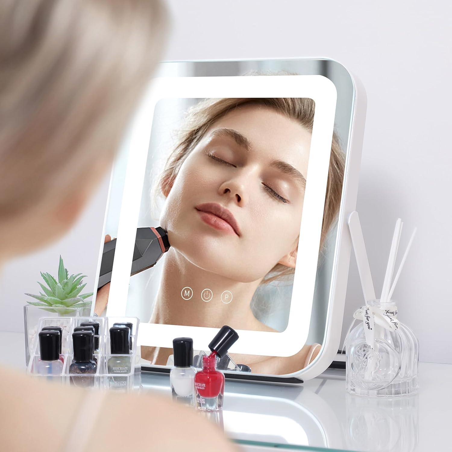 HOMPEN Vanity Mirror with Lights, Smart Touch Control Hollywood Makeup Mirror with Lights, 10"x12" Lighted Dressing Table Mirror with LED Strips, Cosmetic Makeup Mirror with Stand