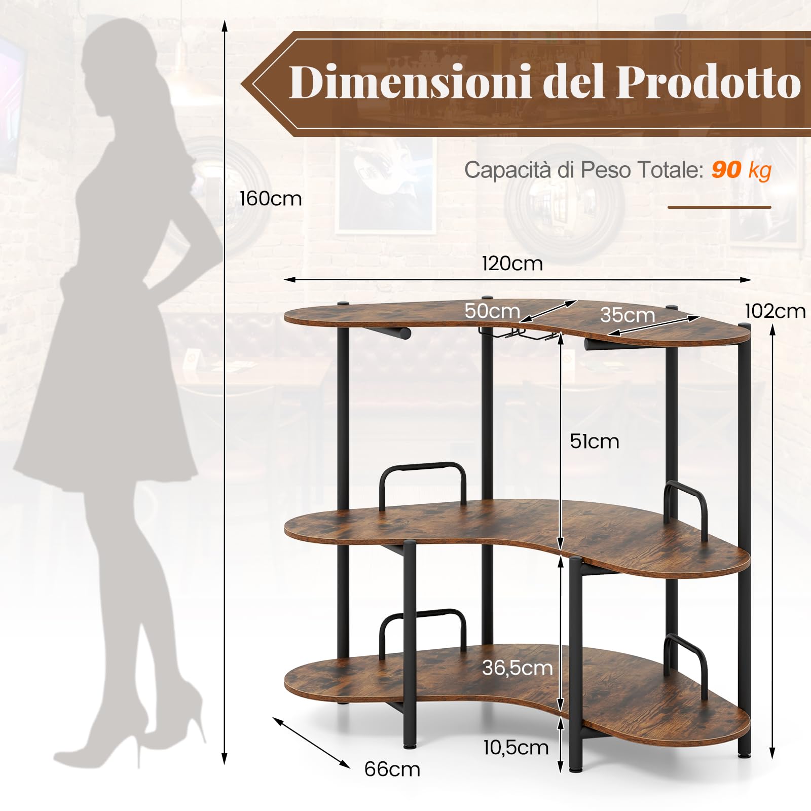 RELAX4LIFE Tavolo da Bar, Tavolo da Bistrot a 3 Piani con Portabicchieri, Tavolo Angolare Moderno in Metallo per Casa, Cucina, Bar (Marrone)
