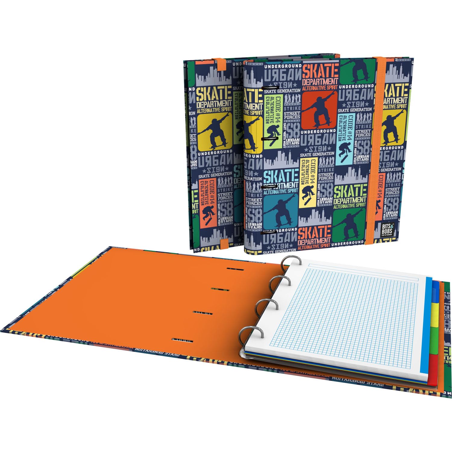 Grafoplás | 4 Ring Binder with A4 Refill | Includes 100 5x5 Squared Sheets | Dividers | Transparent Envelope | Carpebook Skate Bits&Bobs Pop Up Design | Ergonomic Spine