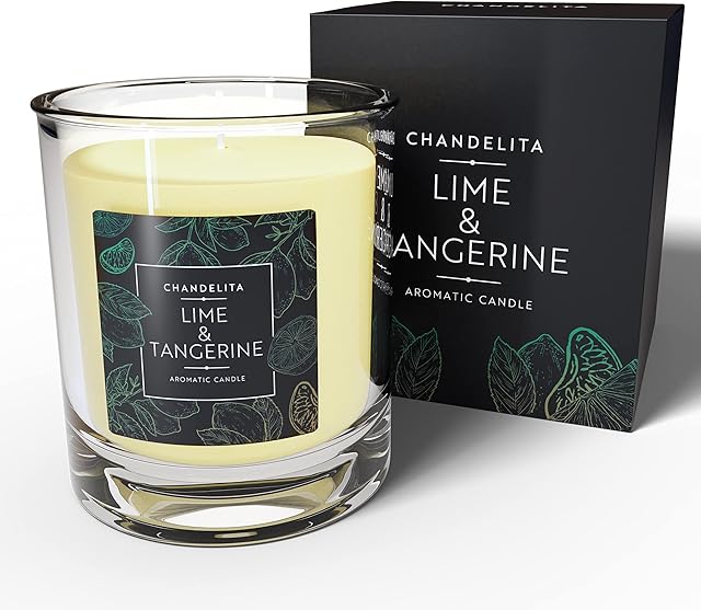 CHANDELITA Scented candle with aroma and essential oils of lime and mandarin  Crafted with soy wax  Citrus fragrance with ivy scent and oriental wood.