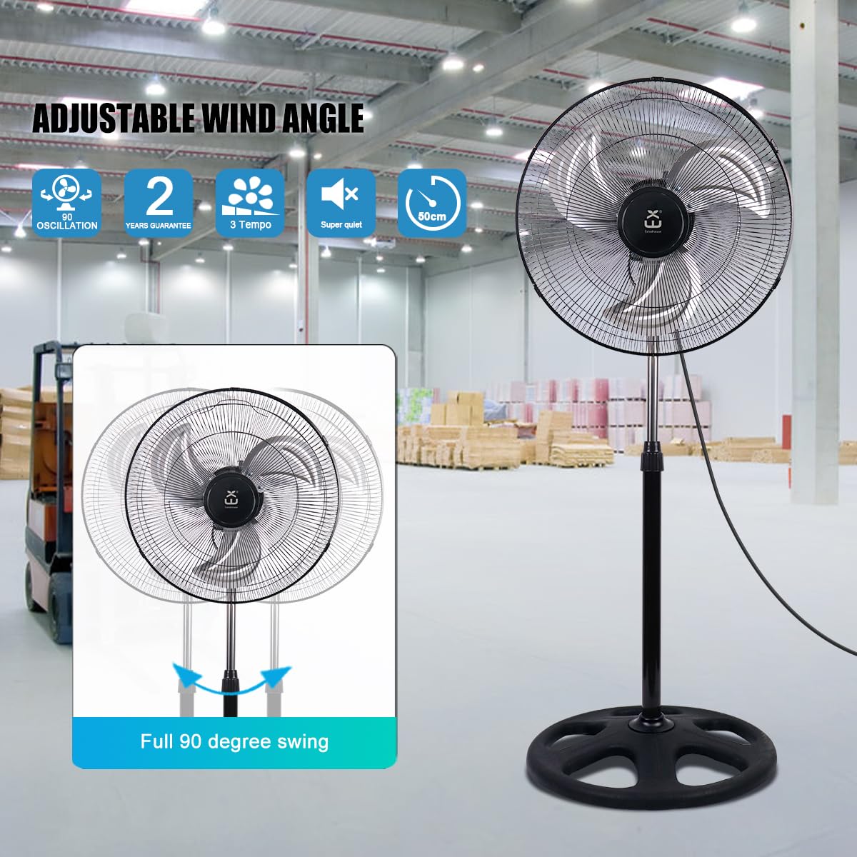 Standventilator 50cm Industrie Ventilator mit 3 Aluminiumflügeln, 80W Starker Luftstrom, 3 Geschwindigkeitsstufen, 90° Oszillation, Höhenverstellbar 101-130cm, Leiser Betrieb für Wohnzimmer Büro