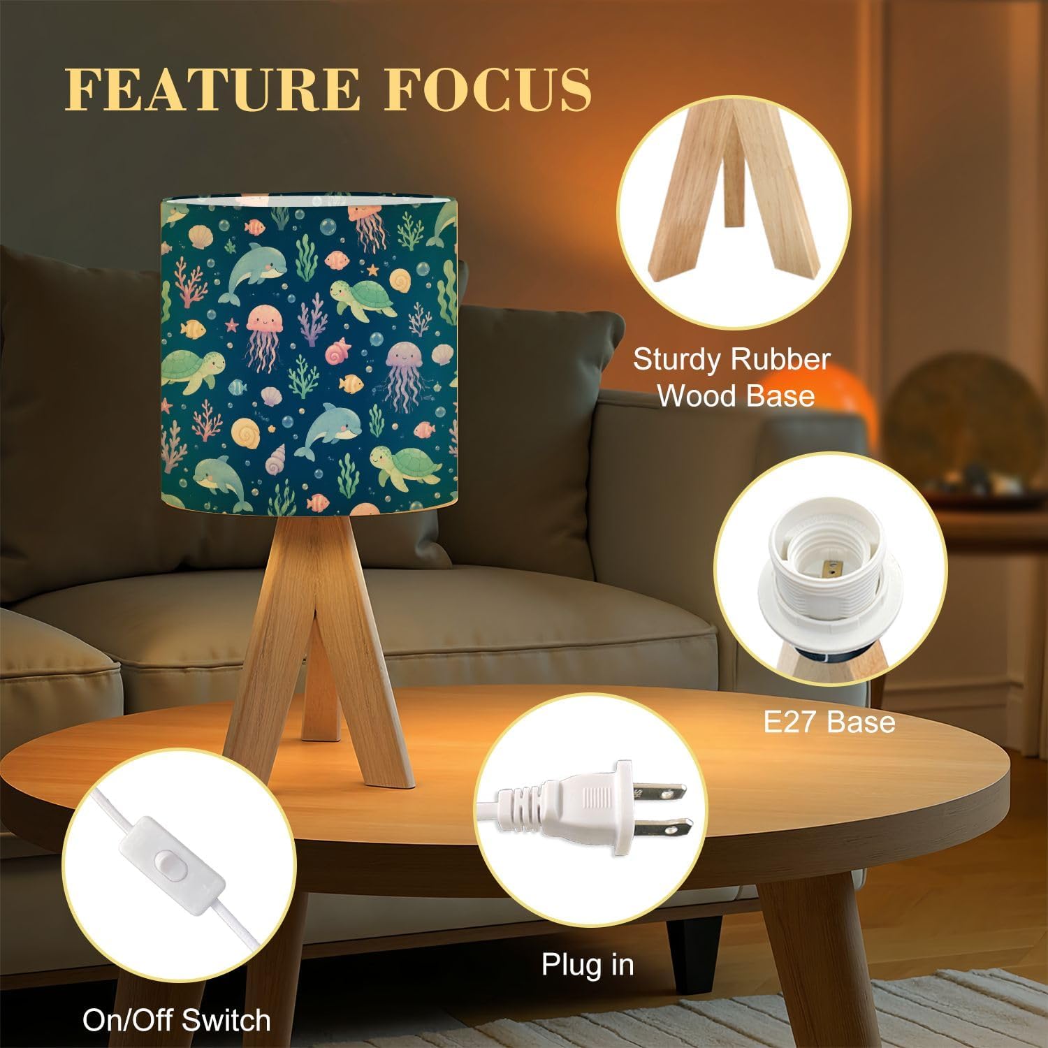Tripod Bedside Table Lamp for Bedroom Cute Underwater Dolphins Nightstand Lamps Desk Lamp with Linen Fabric Shade for Nursery Room Living Room Kids Room image 5