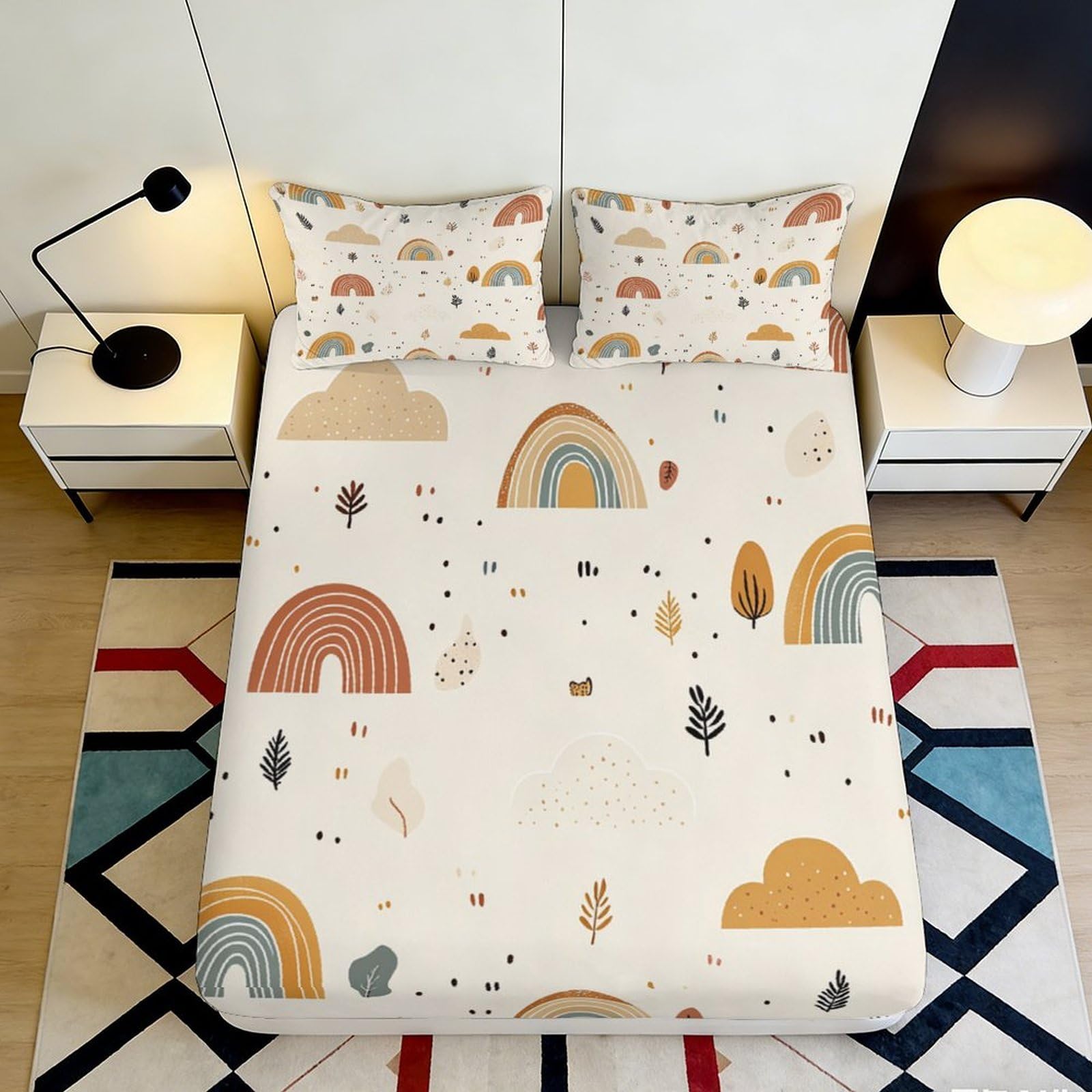 3D Printed Rainbow Pattern Fitted Sheet Microfiber Soft Breathable Cloud Design Bed Cover for Bedroom Dormitory Guest Room Mattress Protection 140x200x25cm