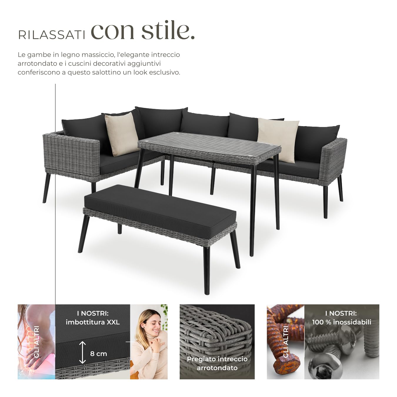 tectake® Salottino in rattan Pula, Telaio in Alluminio, Tavolino Salotto con Lastra in Vetro, Divano Salotto, Elemento Angolare, Imbottitura spessa, Resistente ai Raggi UV - Grigio