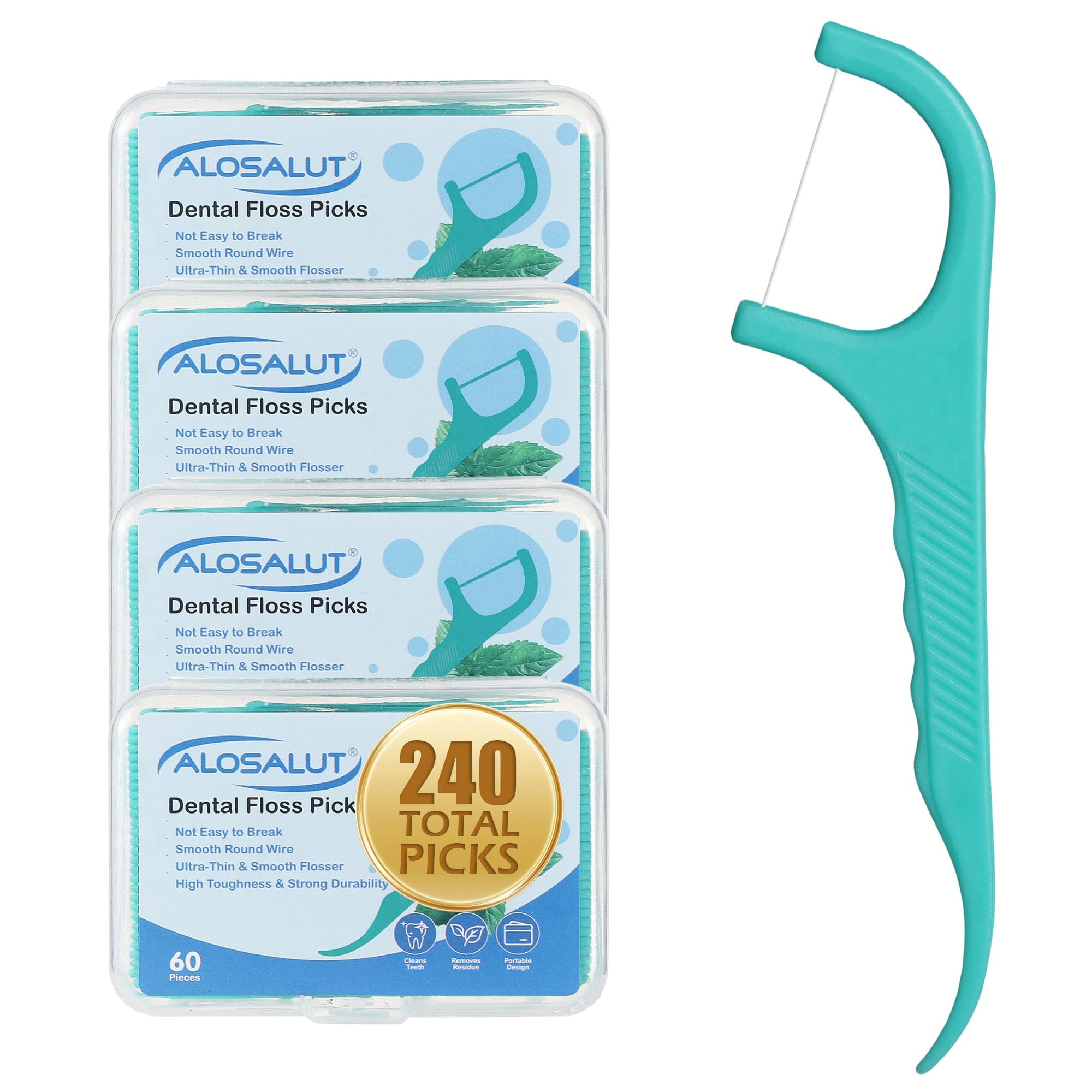 Photo 1 of Alosalut 240 Count Dental Floss Picks – Mint Flavored Flossers with Built-in Toothpick for Deep Cleaning – 4 Portable Boxes of 60 – Strong & Smooth Floss Sticks for Family Home Travel - Adults & Kids