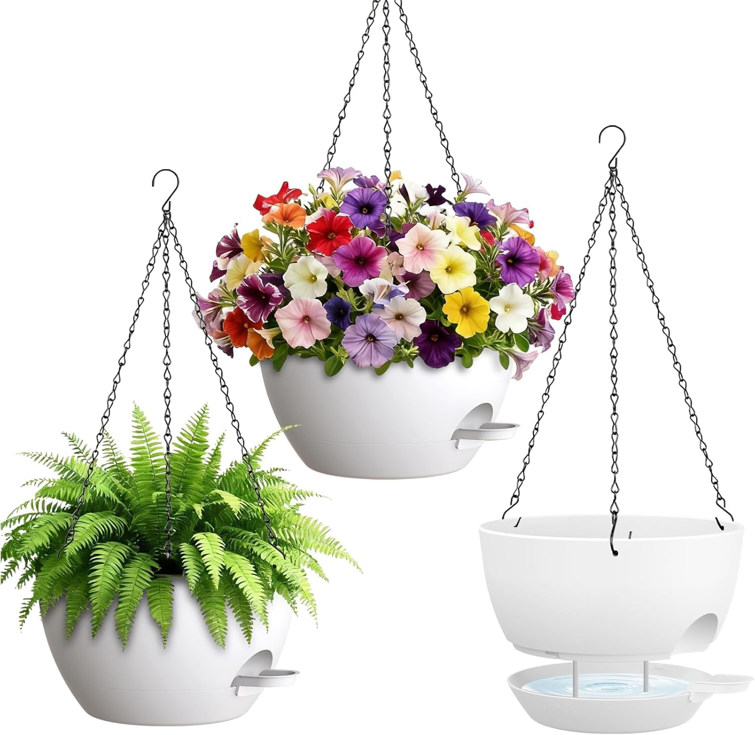 SQOKHT 25.4cm Hanging Planters for Indoor Outdoor Plants, 3 Pack Plastic Self Watering Hanging Baskets with Drainage Holes and Chain for Garden Porch (White)