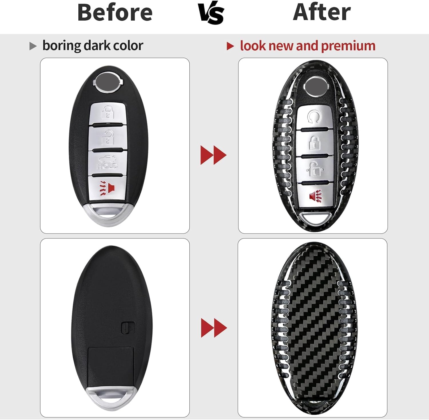 T-carbon Real Carbon Fiber Key Fob Cover Compatible with Nissan Key Fob Protector fits for Infiniti Key Fob Shell Accessories,Black