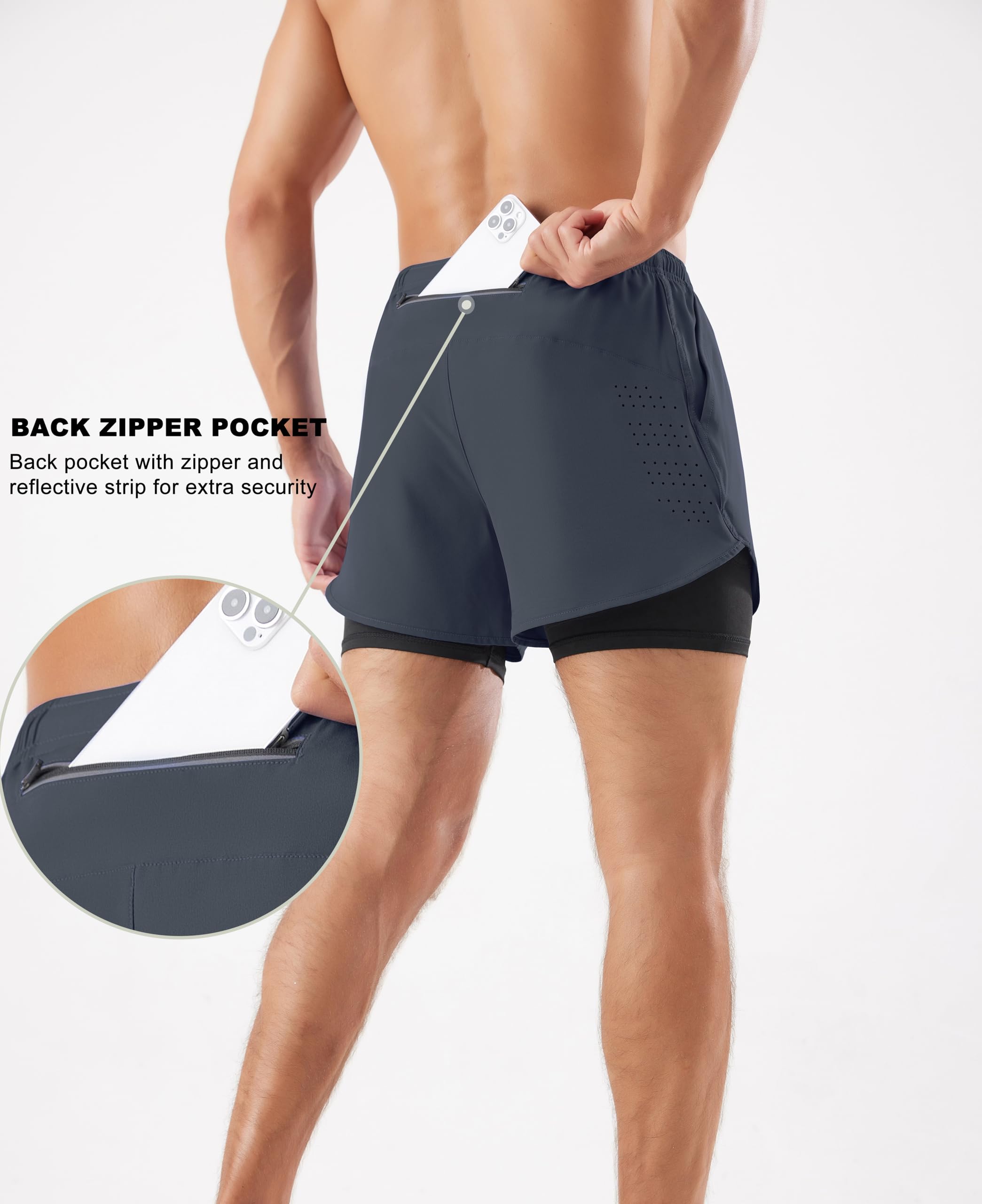 Olyuo Men’s 2 in 1 Running Shorts,Quick Dry Athletic Workout Shorts for Men with Liner and Zipper Pockets (US, Alpha, XX-Large, Regular, Regular, Dark Grey)