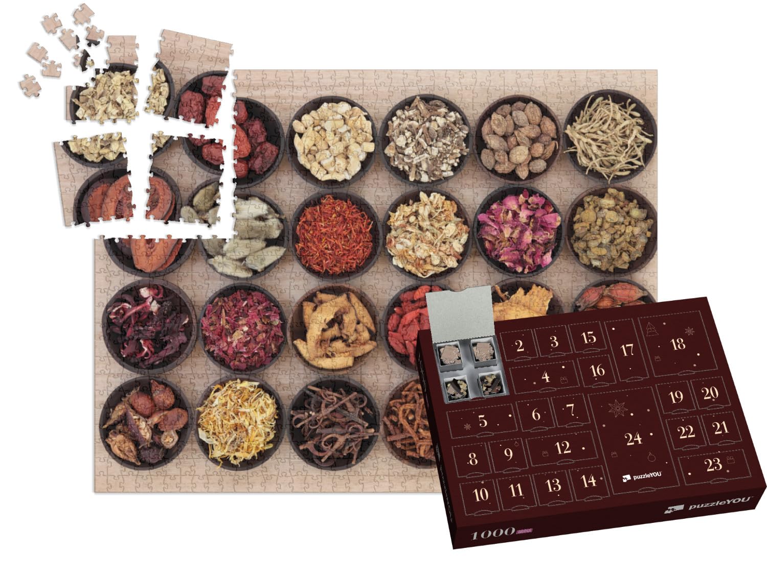 puzzleYOU: Puzzle-Adventskalender | „Chinesische Kräutermedizin in Holzschalen“ – aus der Puzzle-Kollektion Kräuter