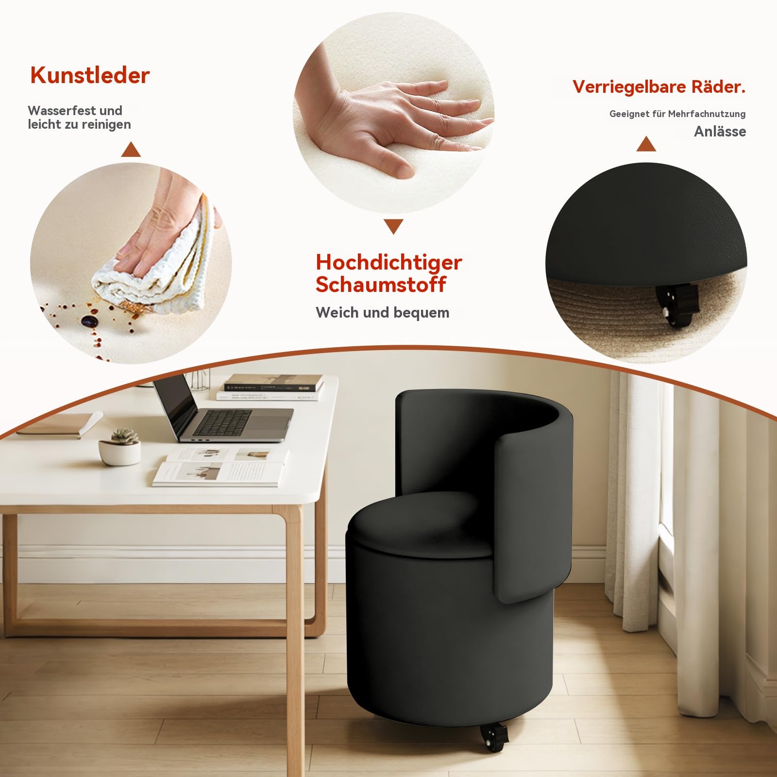 Rollbarer Kosmetikstuhl mit Stauraum, drehbarer Make-up-Stuhl mit klappbarer Rückenlehne, kleine gepolsterte Ottomane aus PU-Leder für Schlafzimmer und Wohnzimmer