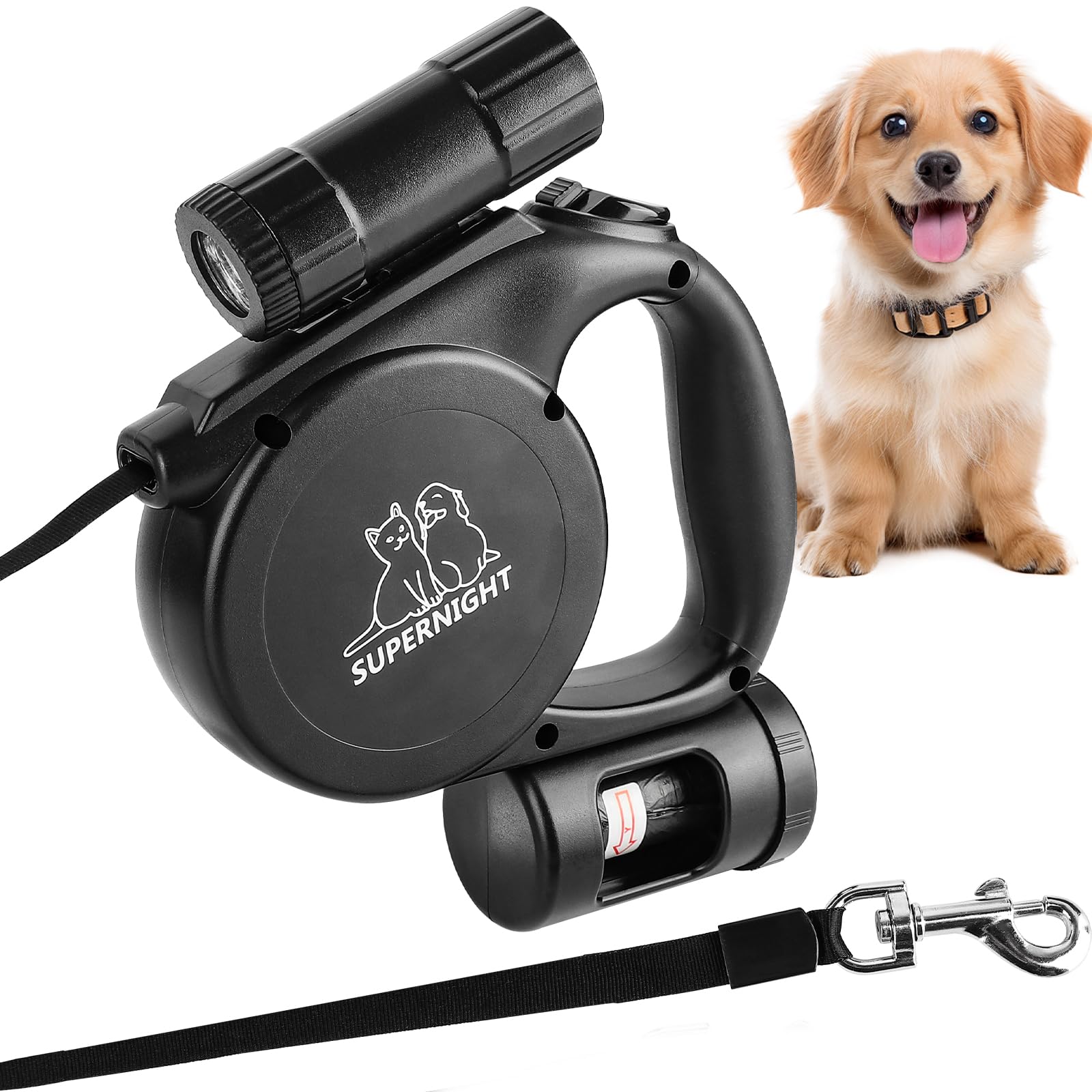 5m Retractable Dog Lead for Small Medium Dogs up to 25kg, black, 16.4 feet