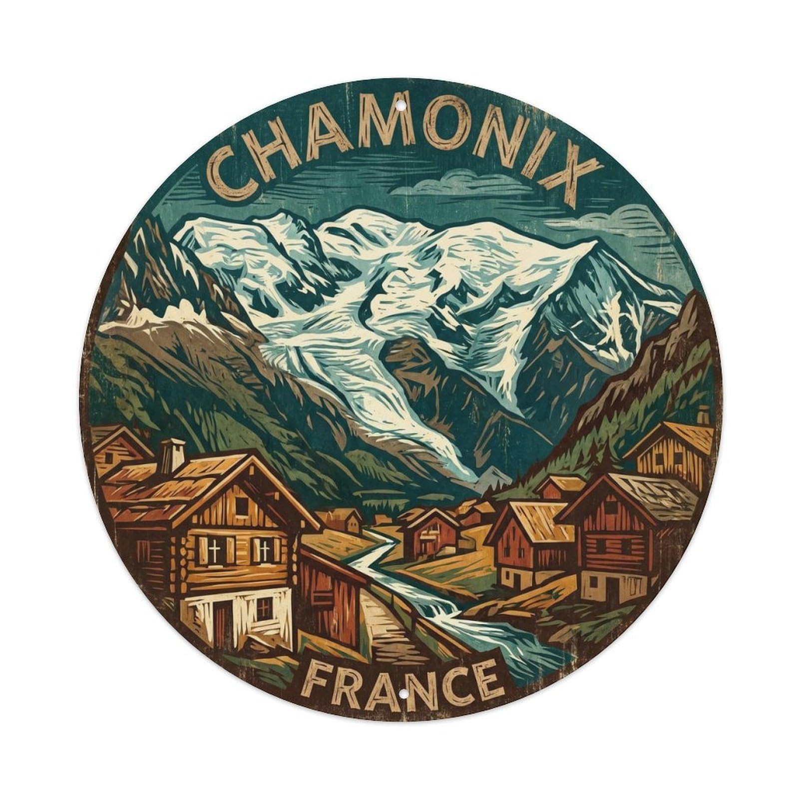 French Alps Glacier Vintage Travel Mountain Metal Tin Sign Plaque Wall Decor for Cafe, Man Cave, Club Bar, Office, Home Garden Round Metal Poster 8x8Inch