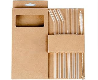7Pcs Glass Straws Set with Cleaning Brush(3 Straight + 3 Curved, 7.9"), BPD Urable Borosilicate Glass, Reusable Milkshake Straws, Long Smoothie Straw Fits Tumblers, Mason Jars