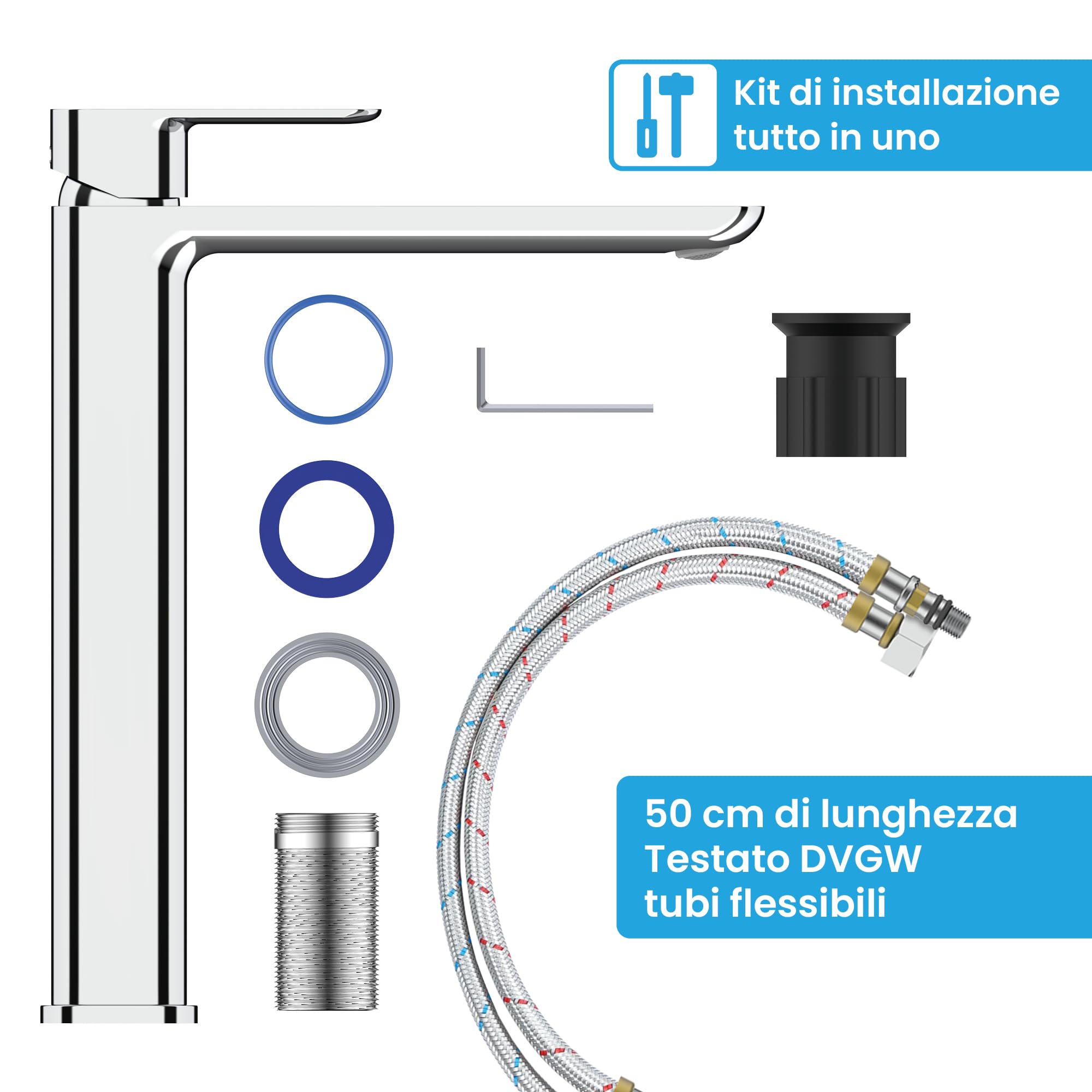 Bächlein - Miscelatore per bagno Mizarela in stile classico, monocomando per lavabo da appoggio con cartuccia in ceramica duratura e set di montaggio, rubinetto per bagno cromato - erogatore piatto