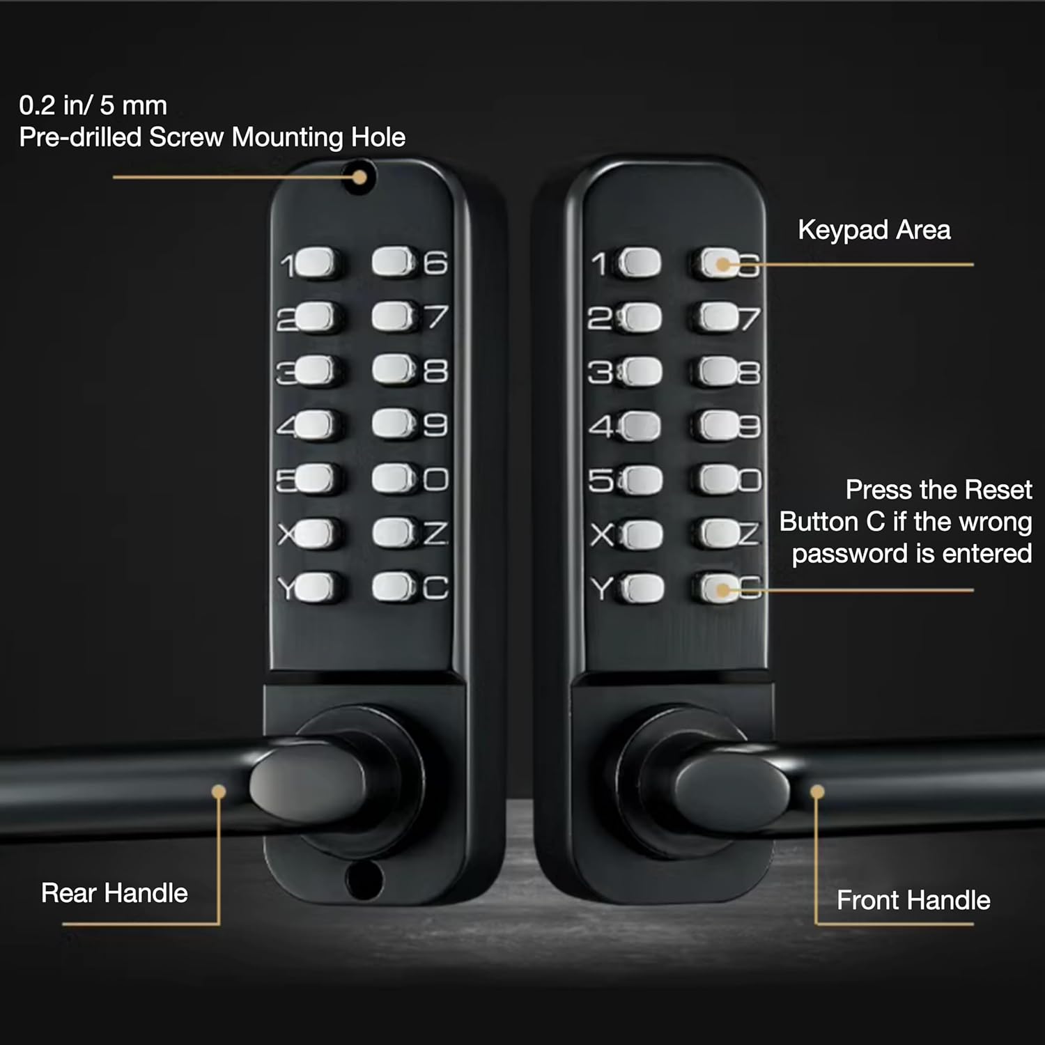 Double-Sided Keyless Entry Door Lock, Mechanical Keypad Double Door Lock with Handle, Waterproof Zinc Alloy Door Gate Lock with Code for Yard Garden Garage, Easy to Install (Black)
