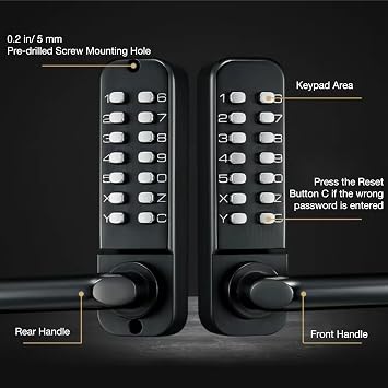 Double-Sided Keyless Entry Door Lock, Mechanical Keypad Double Door Lock with Handle, Waterproof Zinc Alloy Door Gate Lock with Code for Yard Garden Garage, Easy to Install (Black)
