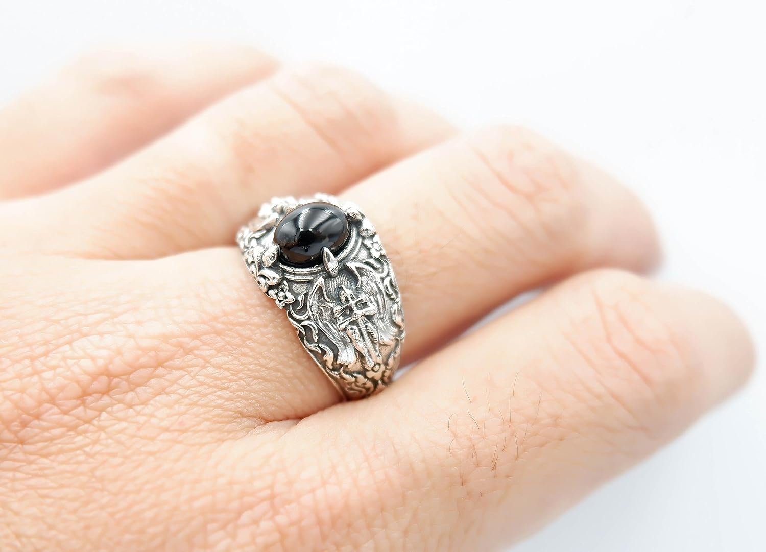 925 Sterling Silver Onyx Catholic Archangel Saint Michael Ring Sword Man Jewelry Size 6-15