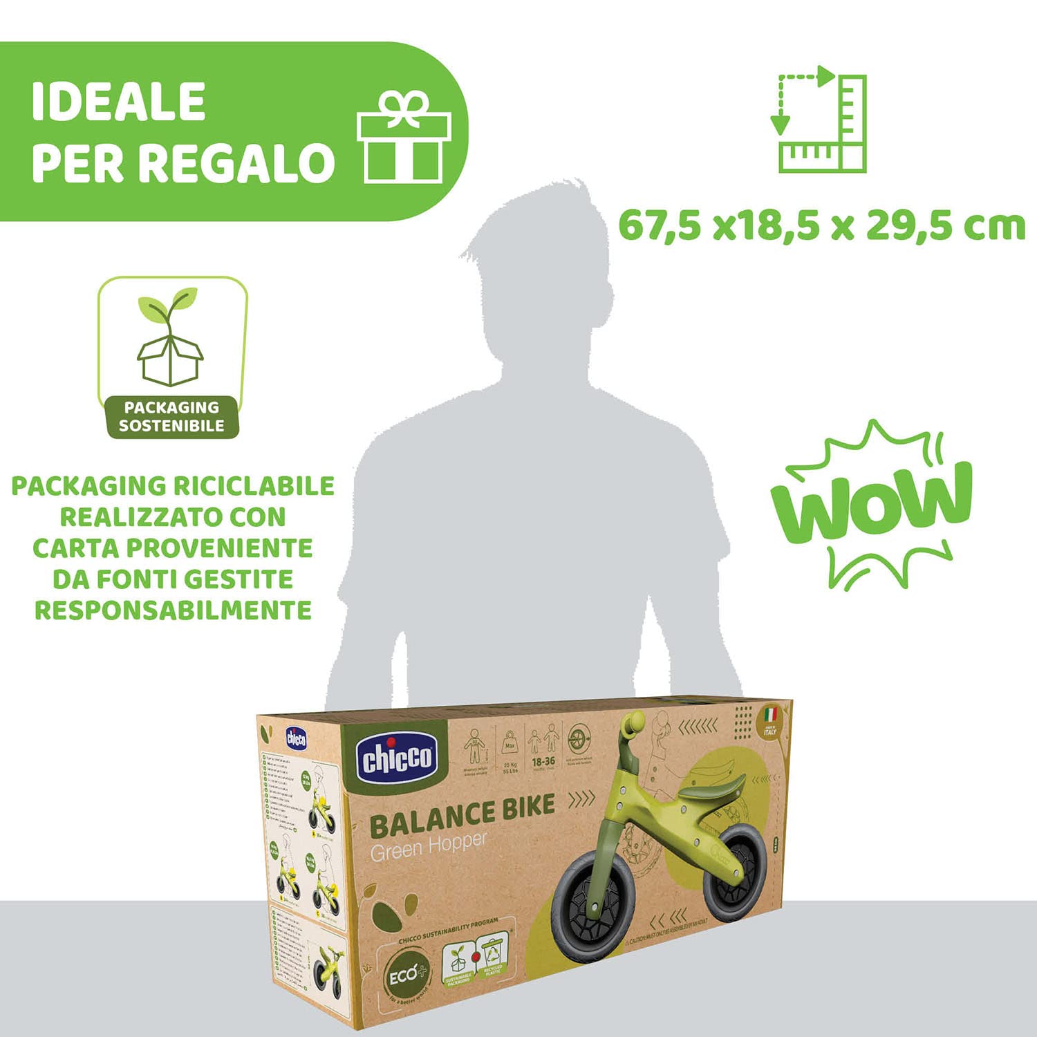 Chicco Balance Bike Eco+, Bici Bambini da 18 mesi a 3 anni (Fino a 25 kg), Bicicletta Senza Pedali per l'Equilibrio, Manubrio e Sellino Ergonomici, Ruote Antiforatura, 80% Plastica Riciclata