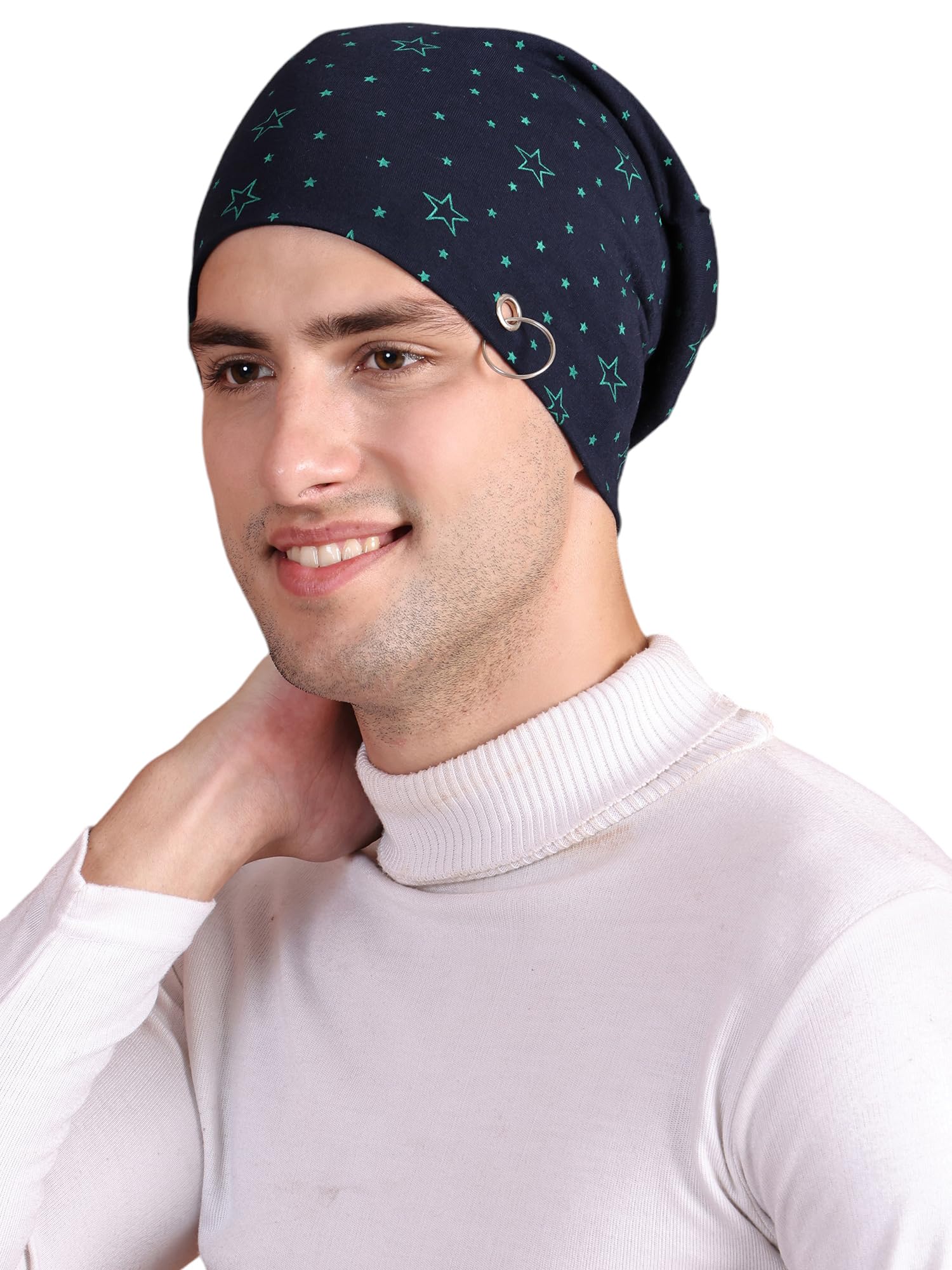 Navy Blue Printed Cotton Blended Free Size Beanie Cap for Men-Ring_Cap_PRT-NO.1-NVY_01-image-43