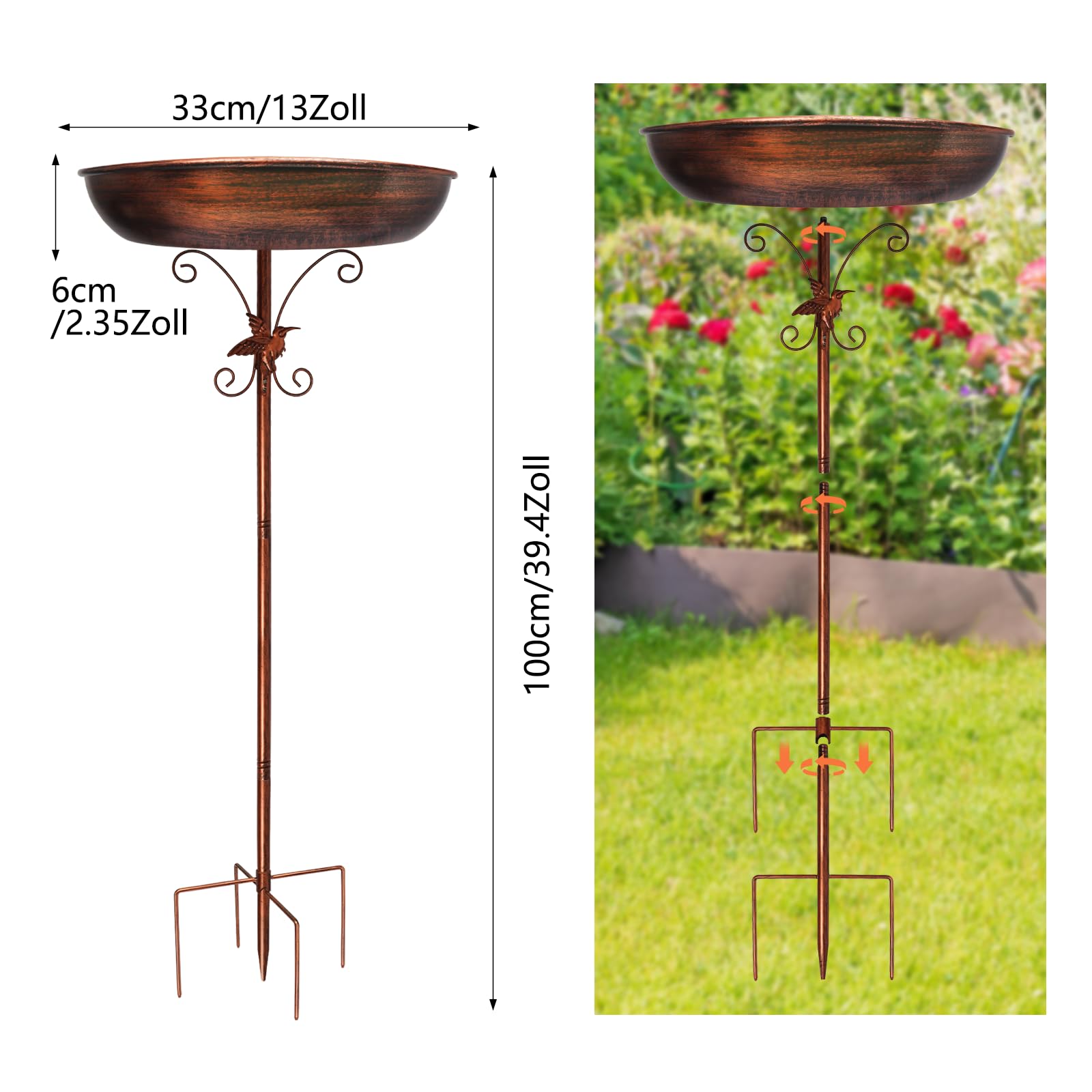 Newthinking Vogeltränke Stehend 39 Zoll, Frostsicheres 3-in-1 Metall Vogelbad mit Vogelrelief, Winterfest für Garten zum Baden, Trinken und Füttern (Antik Bronze)