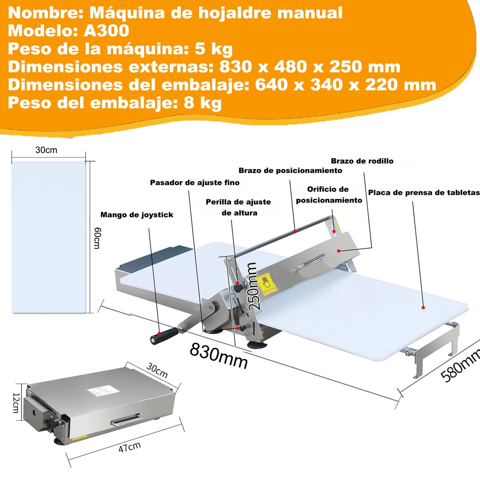 Teigfaltmaschine, Croissant-Teiglaminator, Kleiner Teigschneider, Teigmaschine mit Einstellbarer Dicke, für Fondant, Croissants, Pizza und Blätterteig A300