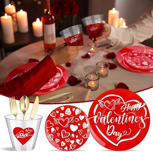 Miniatura 5 de Juego de vajilla de plástico para el día de San Valentín, 175 piezas, platos de plástico desechables rojos y blancos, diseño de corazones de amor,