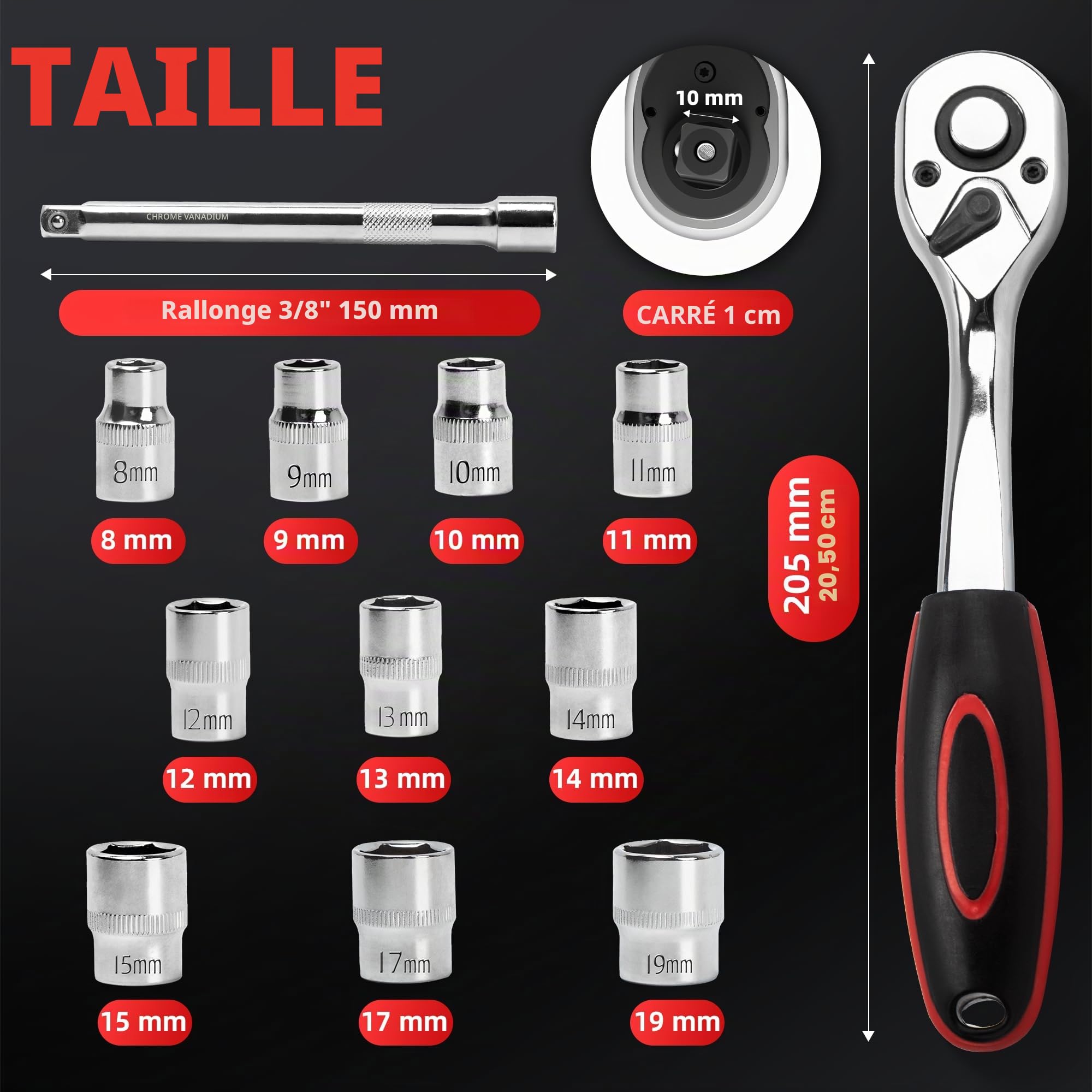 12 Pièces Jeu de Clés à Douille avec Cliquets 3/8" Inserts Hexagonaux de 8mm - 19mm et Rallonge Cliquet Réversible de 150mm en Cr-V avec Déclencheur à Bouton Poussoir