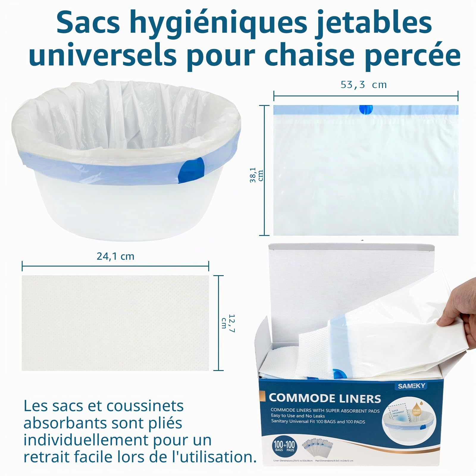 Doublures de chaise percée avec coussinets absorbants | 100 sacs + 100 coussinets pour chaise de chevet et toilettes | Ajustement universel