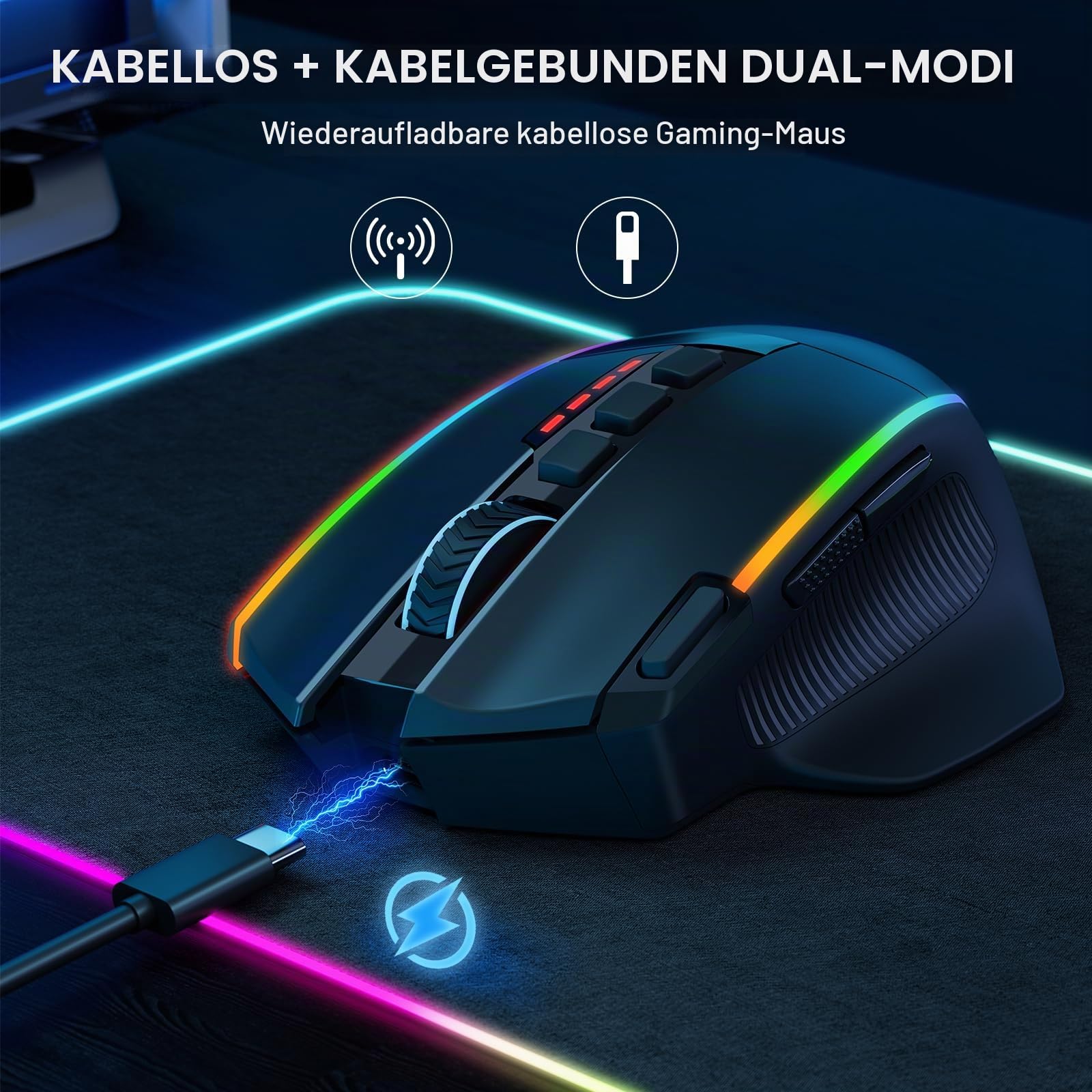 Redragon Kabellose Gaming Maus, 16000 DPI, 2.4G/USB-C, 9 Programmierbare Tasten, Wiederaufladbar RGB, 170Hrs