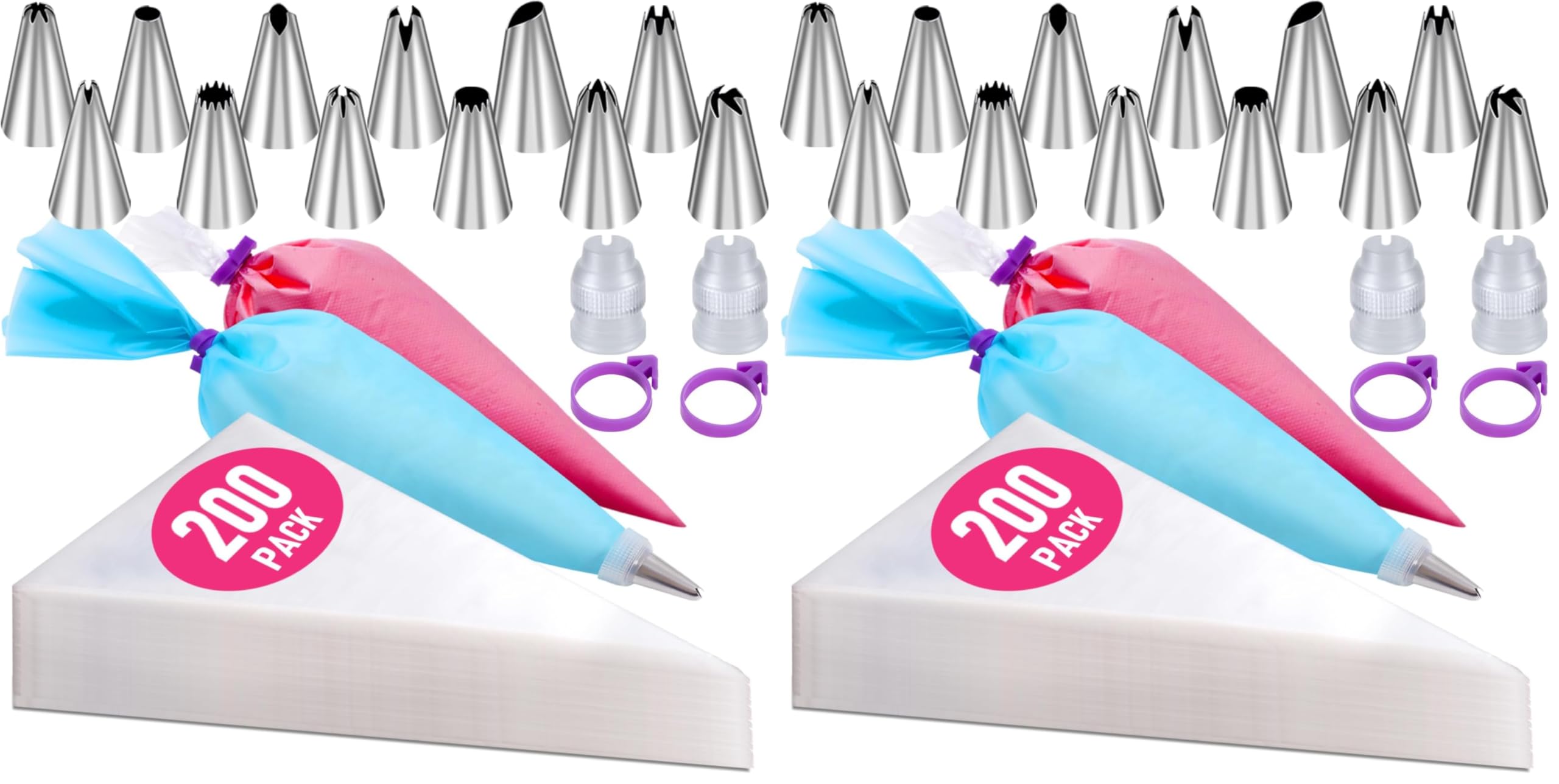 200Pcs Piping Bags and Tips Set, 12 Inch Pastry Bags, Cakes Decorating Kit Supplies, Icing Bags Disposable with 1 Reusable Piping Bags, 12 Frosting Tips, 2 Couplers, 2 Bag Ties (Pack of 2)