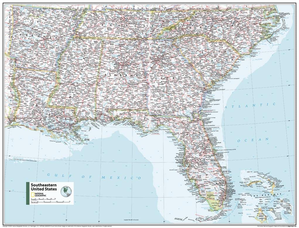 National Geographic Maps: Southeastern U.S.A Wall Map - Compact - 21 x 16 inches - Front Lamination