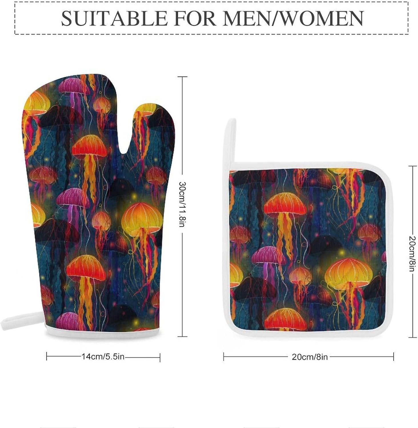 Colorful Jellyfish Pattern Oven Mitts and Pot Holders 4Pcs Set Heat Resistant Cooking Mitts Hot Pads