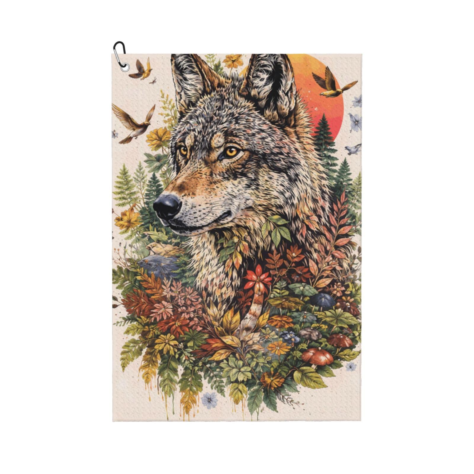 Oudrspo Watercolor Artistic Wolf and Flowers Multi-Functional Golf Towel | Absorbent Quick Drying 16x24in