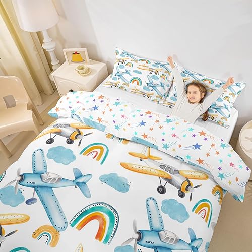 Vista 58 de Erosebridal Funda de edredón de avión de dibujos animados, tamaño matrimonial, juego de ropa de cama de aviones para niños, lindo amarillo, verde