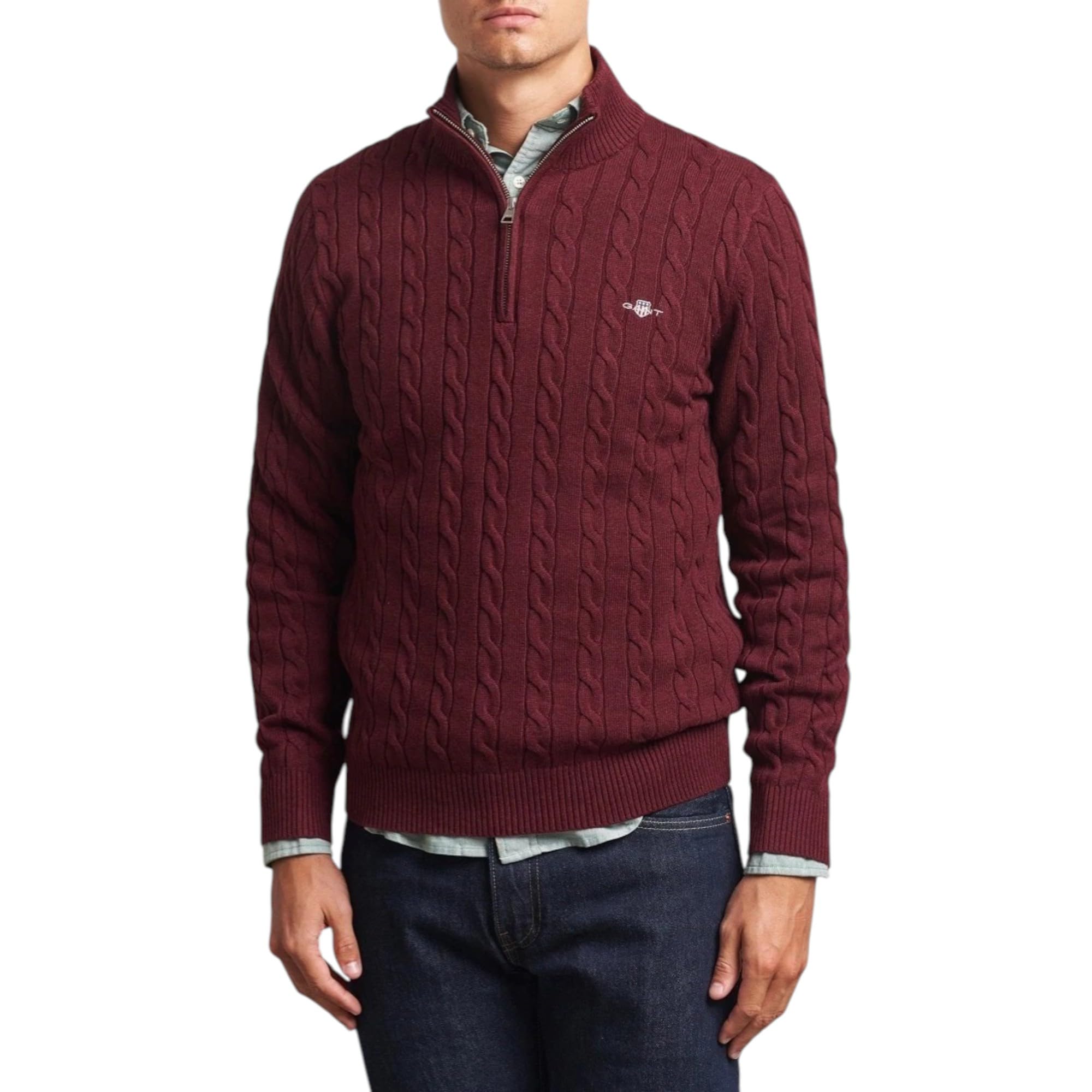 Gant Men's Plumped Red Cotton Cable Half Zip, M