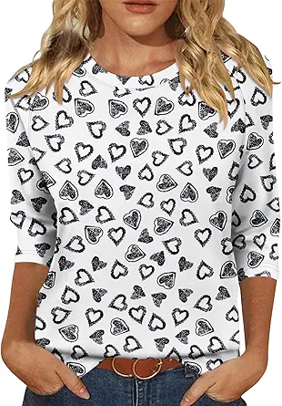 KISSMODA Tunic Tops for Women Loose Fit Dressy Round Neck Pleated 3/4 Length Sleeve Spring Tops