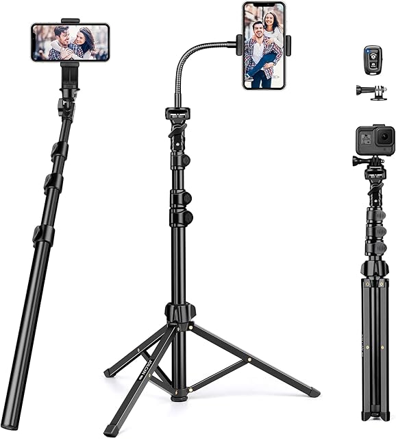 JOILCAN Phone Tripod Stand for Smartphone, Gooseneck Aluminum Mobile Phone Tripod for iPhone, Selfie Stick Tripod with Remote Control & Phone Holder for iPhone 14/13/12/11, Action Camera