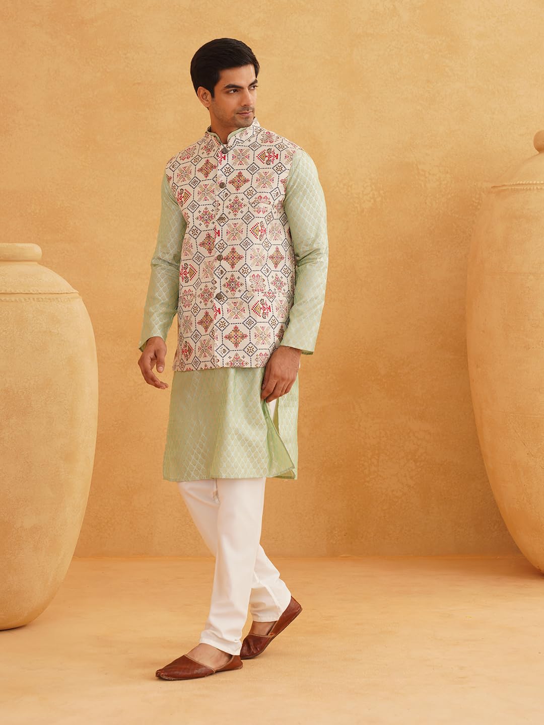 Sojanya (Since 1958 Men's Silk Blend Self Design Pista Green Kurta With Pyjama & Cream Nehru Jacket