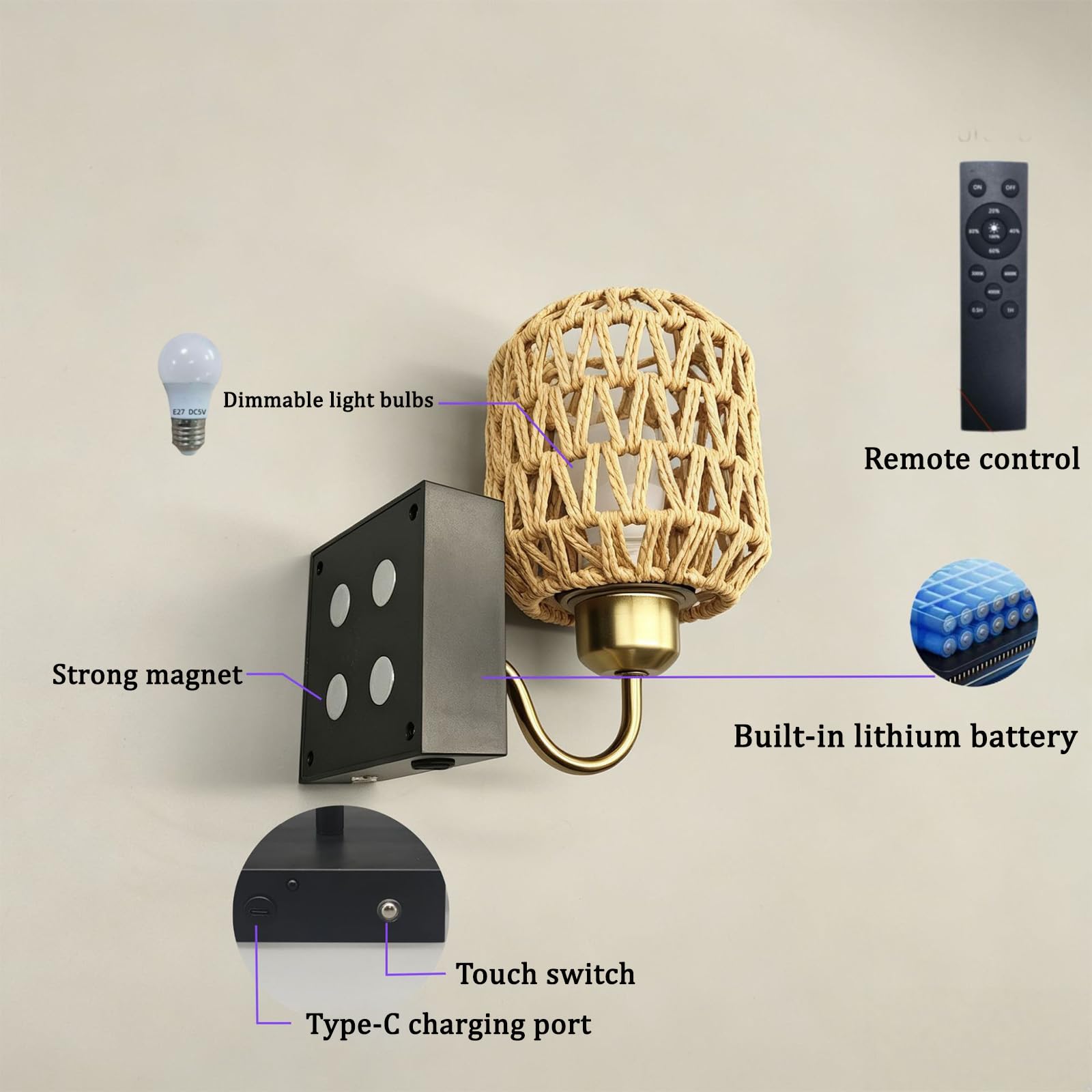 Aplique de Pared Ratán Vintage Recargable LED Lámparas de Pared con Mando a Distancia Control Táctil Regulable Iluminación para Dormitorio Pasillo Sala de Estar Escaleras (Base Redonda)
