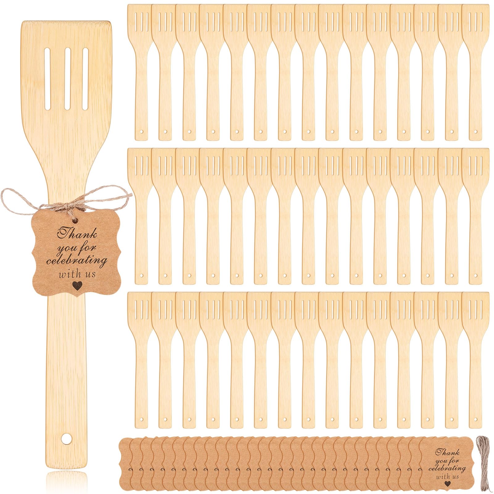 Lineshading 50 juegos de espátulas de bambú a granel, utensilios de cocina de 12 pulgadas, mango plano, espátula de bambú con tarjetas de agradecimiento para cocina, cocina, cumpleaños, boda, baby