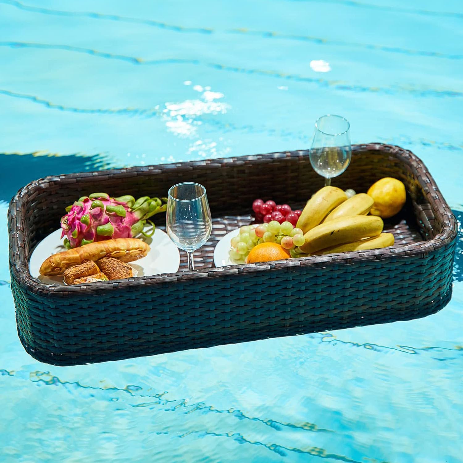 Serenepeak Black Swimming Pool Floating Bar, Floating Serving Trays Table Bar Rattan Woven Floating Food Tray, Pool Serving Trays(,Rectangle)