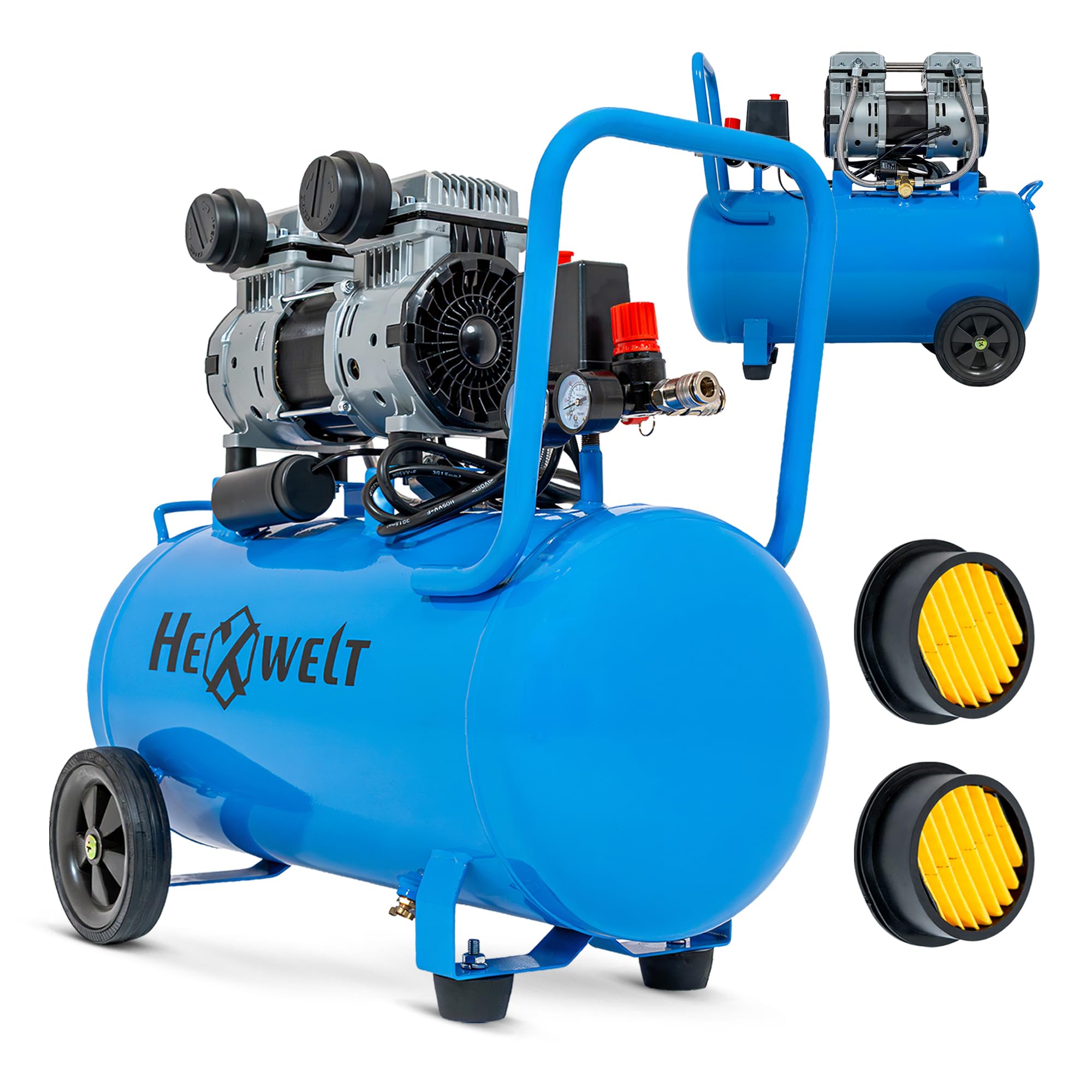 Compressore d'aria 50L, 8 Bar, 1500W / 3000W, oil-free o lubrificato ad olio, 250–380 l/min, 1/4", 2 uscite, manometro, riduttore di pressione, per officina, garage e pneumatici (2T-50L)