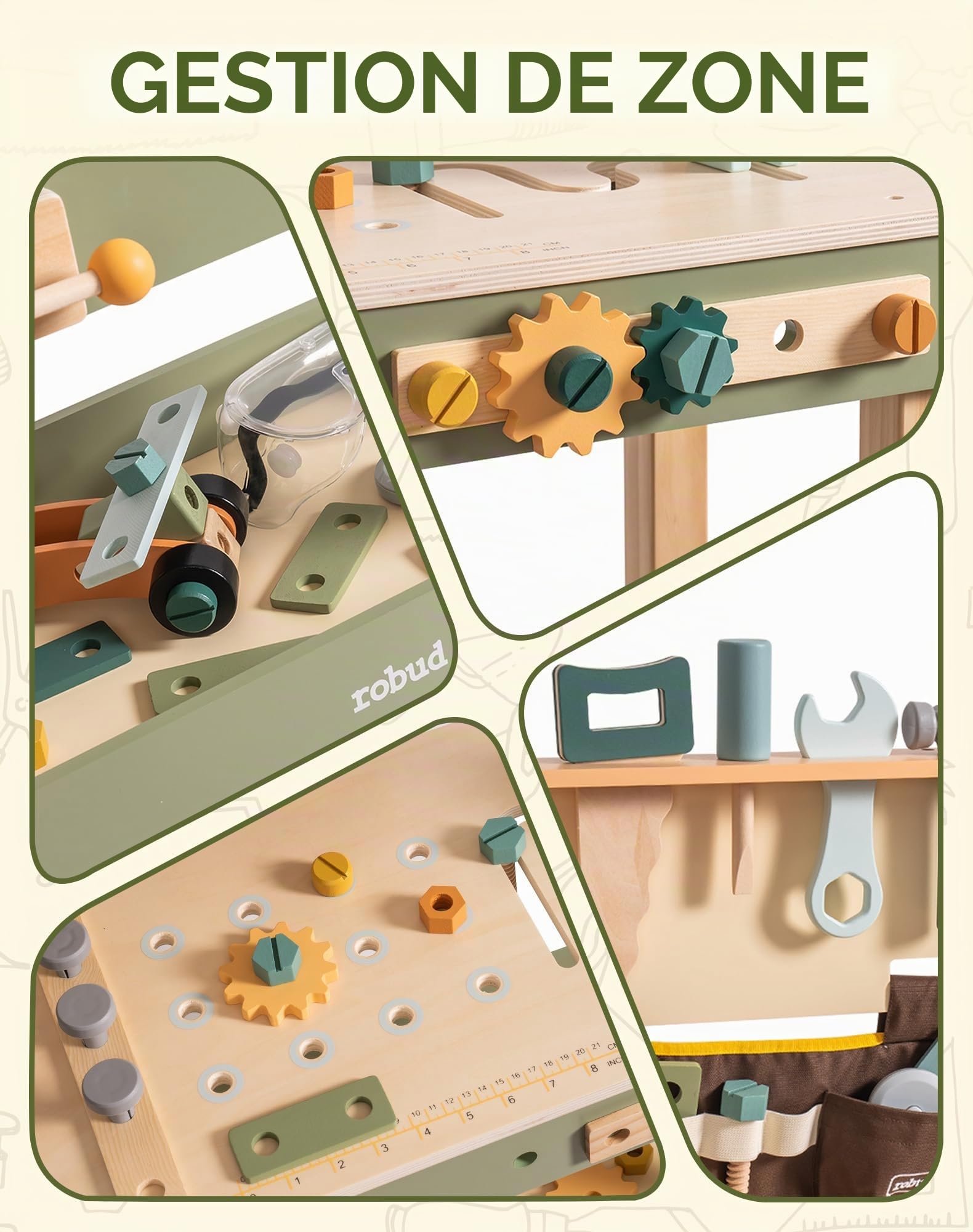 ROBUD Établi en bois pour enfants, banc à outils avec ceinture, lunettes de protection, papier à dessin pour jeux de rôle, jouet pour garçons et filles à partir de 3 ans